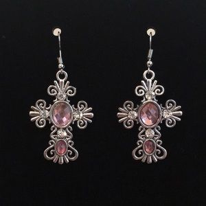 Rhinestone Cross Earrings - Light Pink